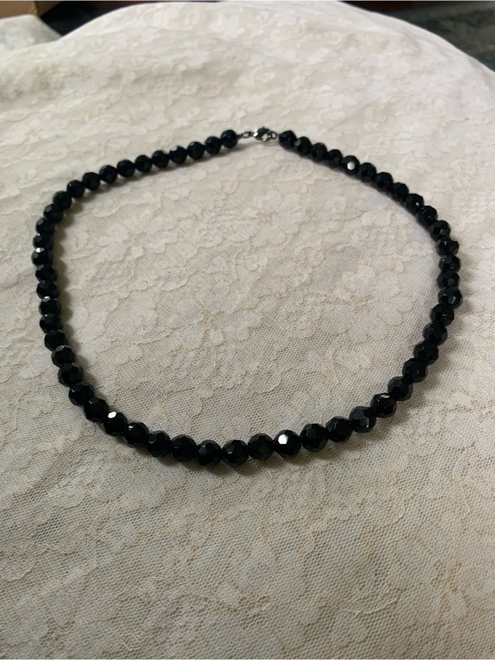 Vintage Black “French Jet” Faceted Glass Beaded Necklace Spring Ring Clasp 16”